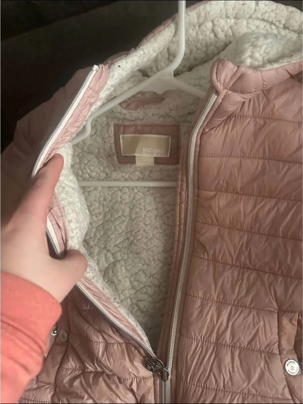 MICHAEL Michael Kors Girls' Light Pink Quilted Puffer Jacket with Sherpa Hood